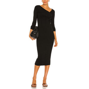 Enza Costa 'Viscose' Black Rib Asymmetrical Wrap Midi Dress Size S